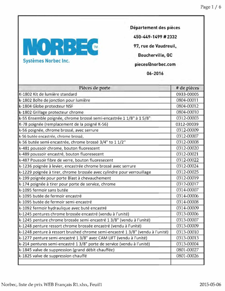 Pièces – Liste de pièces