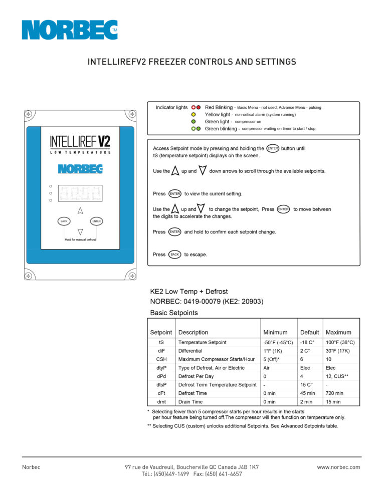 Intelliref V2 - Freezer Controls and Settings - Norbec