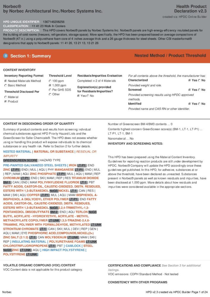 Déclaration Sanitaire de Produit Norbec – Chambres froides (anglais seulement)