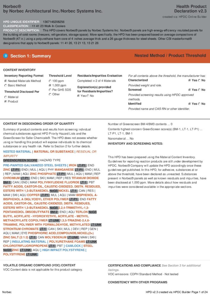 Norbec Health Product Declaration – Walk-in Cooler